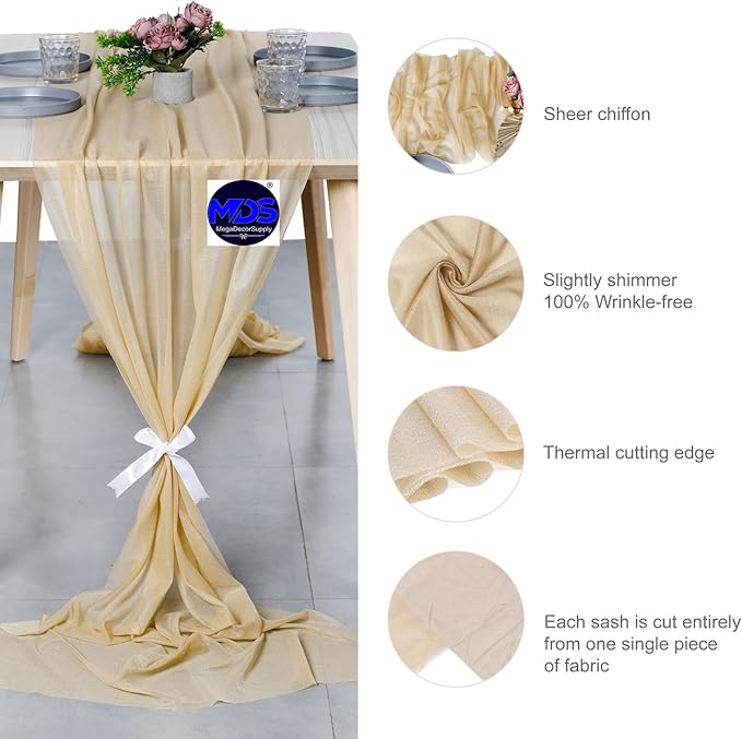 MDS 15 Pack 10ft Chiffon Table Runner 29 x 120 Inches Sheer Wedding Runner Romantic Rustic Table Runner for Wedding Decorations, Birthday Parties, Bridal Shower Party Arch Decor - Champagne Gold