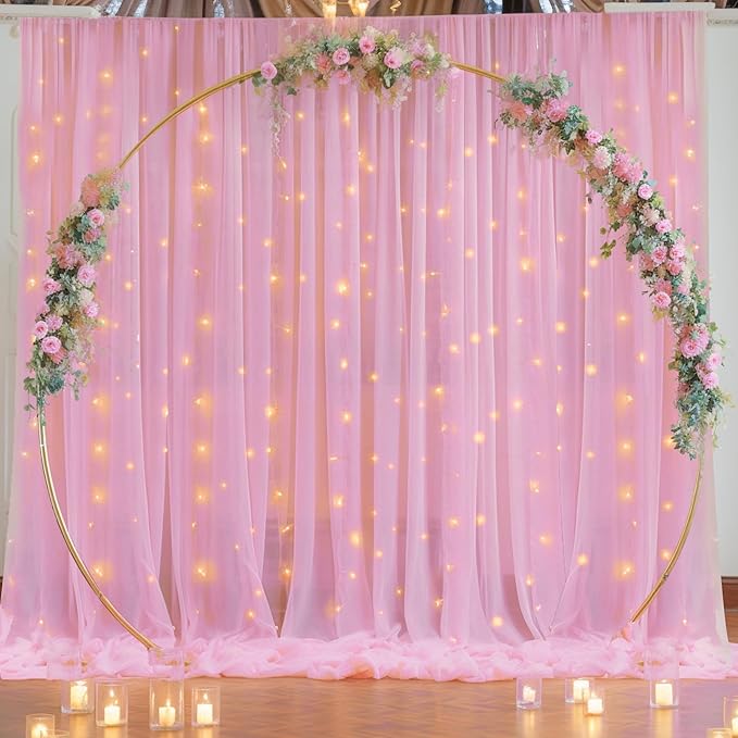 30×10ft Pink Tulle Backdrop Curtain with Lights String for Parties, Sheer Photo Backdrop Curtains for Wedding Party Photography Background