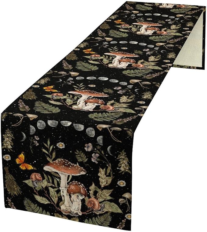 Mushroom Kitchen Table Runner, Boho Vintage Wild Flower Gothic Witchy Moonlit Forest Plant Table Runner for Bedroom Living Room Kitchen Dinner Table, 13x120 Inch