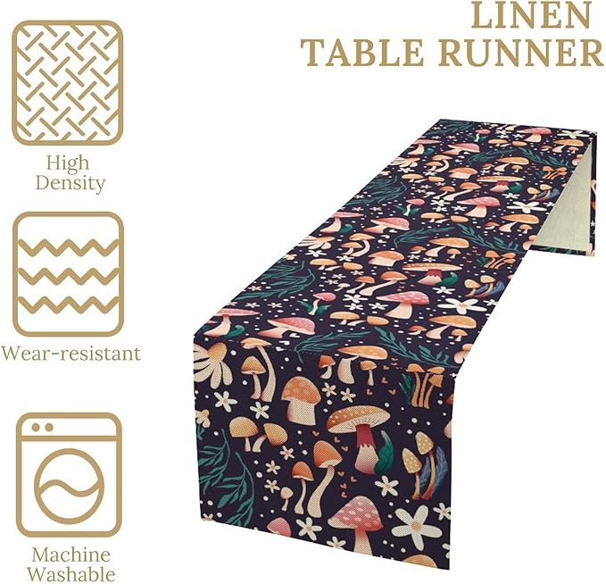 Mushroom Table Runner,Retro Forest Plant Table Cloth Farmhouse Kitchen Dining Table Decoration for Home Party Decor 13x60 Inch