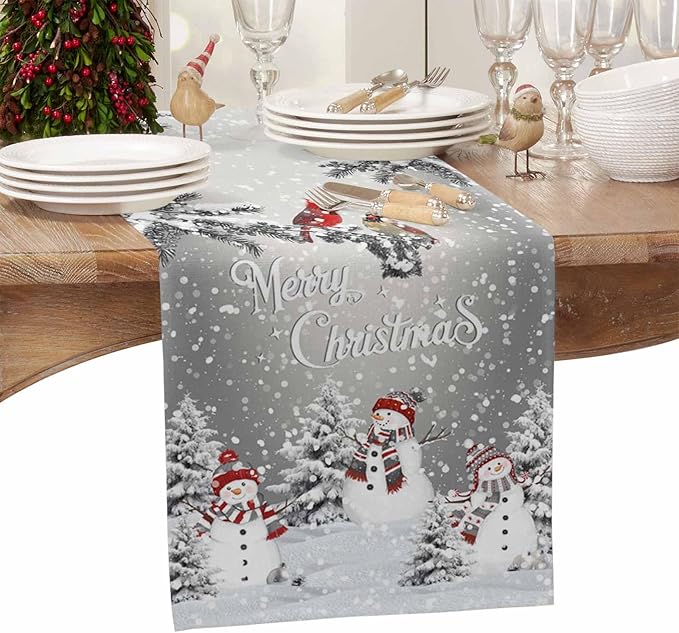 Christmas Snowman Cotton Linen Table Runner for Dining Kitchen, Snowflakes Xmas Pine Tree Wedding Outdoor Party Tablerunner Decoration Winter Bird Dresser Scarf Coffee Tablecloth Runners 13x90 Inches