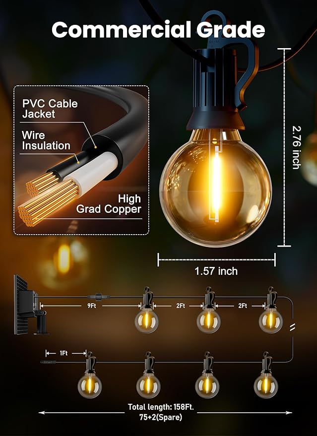 Solar String Lights, 158 Ft Outdoor Patio Lights with Remote, Warm White