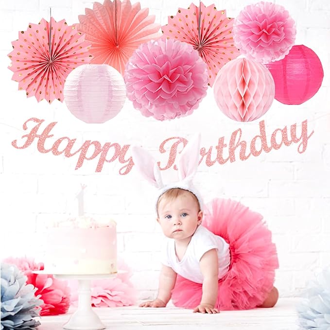 Tissue Pom Poms Pink Birthday Party Decorations Kit, 21 Pieces