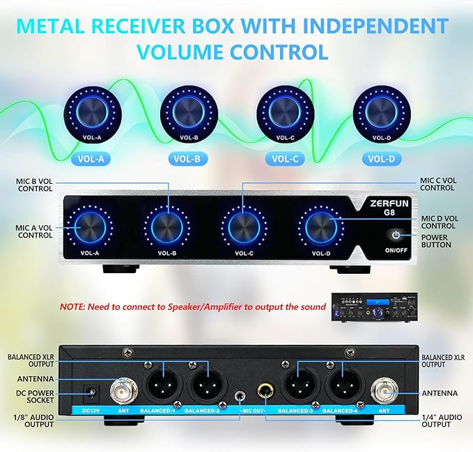 4 Channel Rechargeable Wireless Microphone System, Pro UHF Metal Handheld Headset Lavalier Lapel Cordless Mics for Karaoke Singing Church with VOL Control, 4x50 Adjustable Frequency(G8)