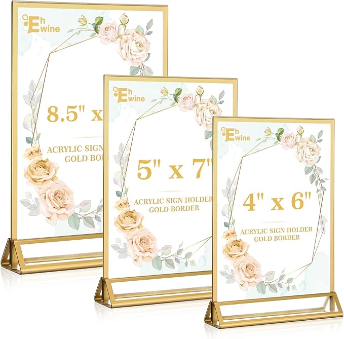 EHWINE 24 Pack Acrylic Sign Holder 5 x 7, Double Sided Gold Picture Frame Stand up Table Top Sign Holders, Clear Display Stand Menu Flyer Holder for Wedding Party