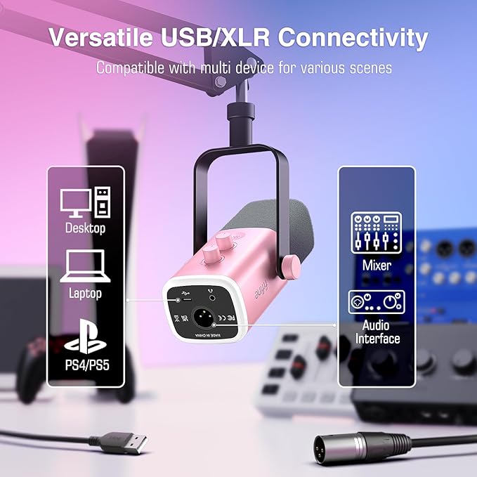 FIFINE XLR Gaming Microphone USB, PC Dynamic Microphone Kit for Vocal, Recording, Podcast, Streaming RGB Mic with Headphone Jack, Mute Button, Boom Arm Stand for Computer/Mixer-AmpliGame AM8T Pink