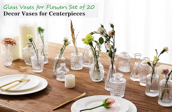 Glass Bud Vases -Set of 20 for Flowers, Small Clear Bud Vases in Bulk for Centerpieces Home Decor, Mini Glass Assorted for Rustic Wedding Floral Arrangements Home Table Decorations