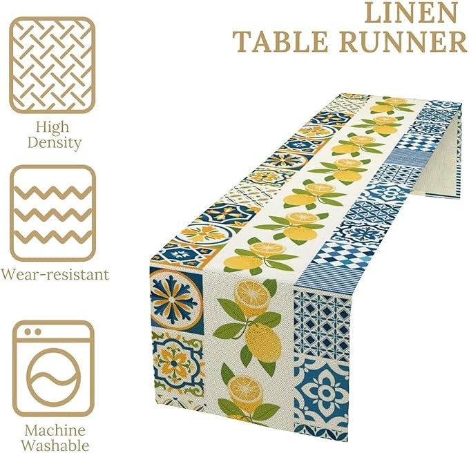 Lemon Table Runner,Watercolor Blue Fruits Green Leaves Print Table Cloth Kitchen Dining Table Home Party Decoration 13x90 Inch