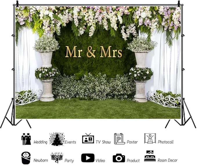 Wedding Arch Flower Backdrop 7x5ft - Mr to Mrs Engagement & Anniversary Photography Background