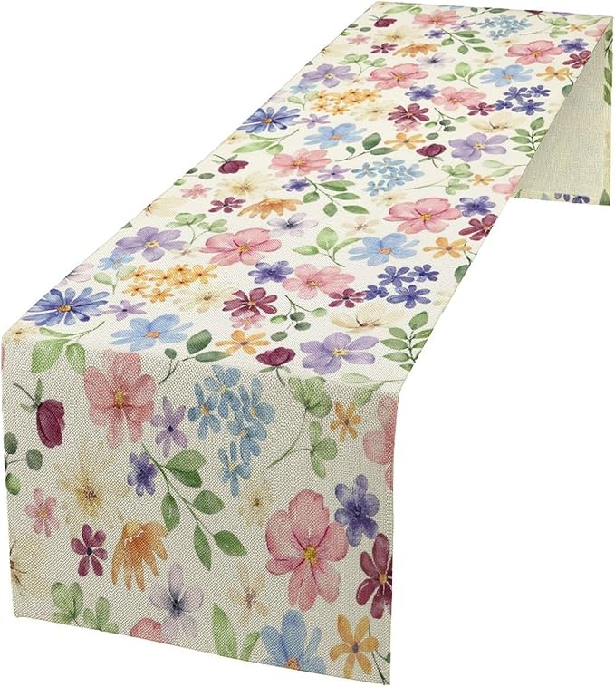 Floral Decorative Table Runner, Watercolor Floral Botanical Rustic Modern Style Pattern Printed Long Table Runner for Restaurant Kitchen Party,13in（33cm） W * 108in（274cm） L