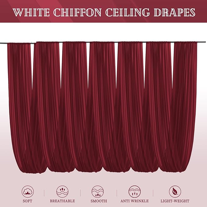 6 Panels Burgundy Ceiling Drapes for Wedding 5ftx10ft Chiffon Fabric Arch Draping Curtains Sheer Drapery for Party Ceremony Birthday Baby Shower Reception Stage Swag Ceiling Decorations