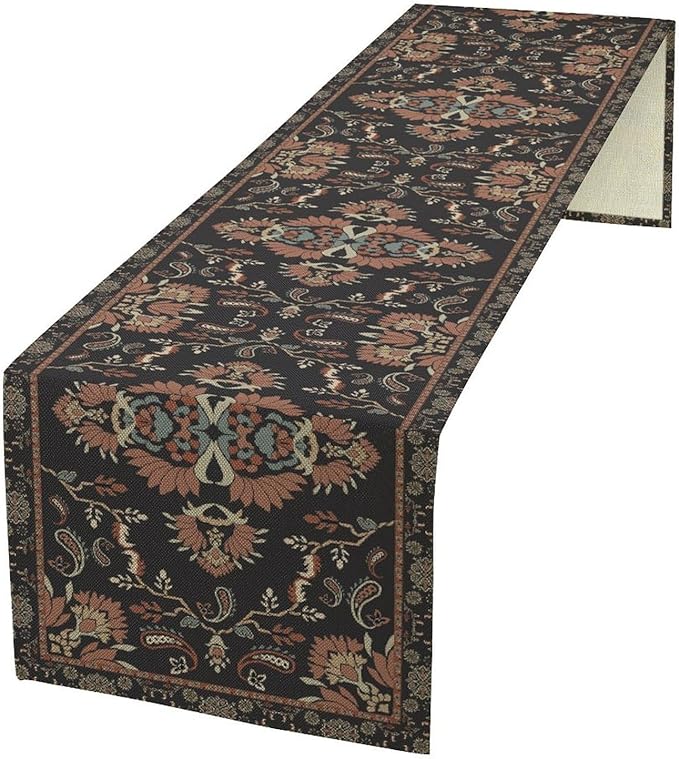 Boho Paisley Farmhouse Table Runner, Vintage Red Blue Retro Flower Rustic Country Style Floral Print Pattern for Home Kitchen Table Decor Dining Coffee Room Garden Party Decor 13x72in