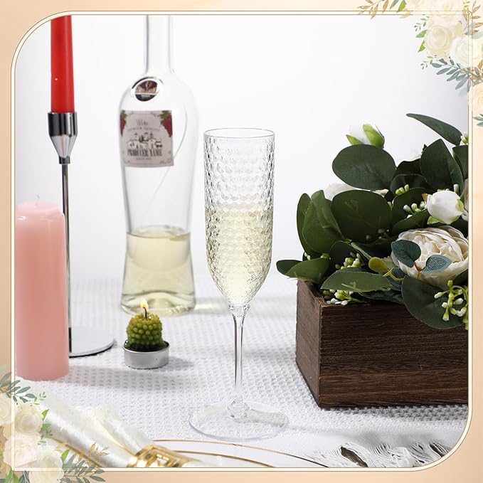 Champagne Glasses, 24 Clear Plastic Flutes with Diamond Pattern