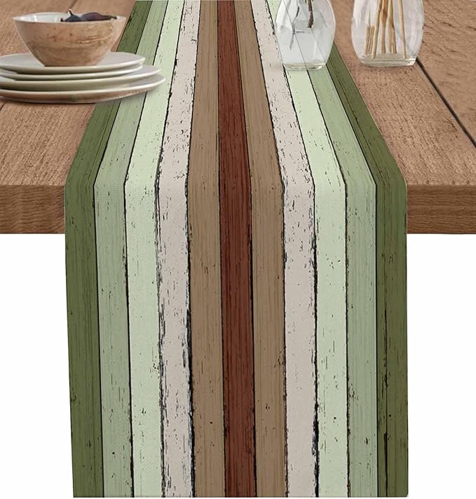 Sage Green Wooden Cotton Linen Table Runner for Dining Kitchen, Wedding Outdoor Party Tablerunners Decoration, Vintage Country Retro Distressed Grain Dresser Scarf Coffee Tablecloth Runners 13''x48''
