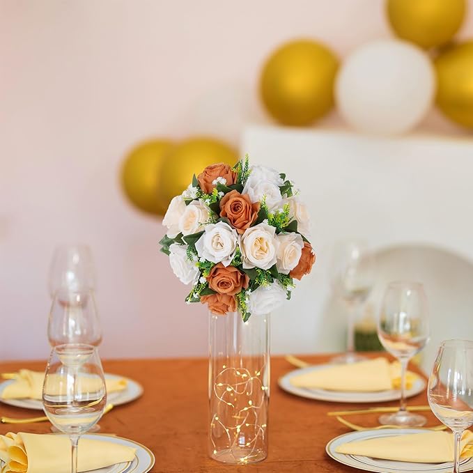 BLOSMON Terracotta Flowers for Wedding Centerpieces: 6 Pcs Fake Rose Kissing Balls Fall Table Decor - Artificial Silk Bouquet with Base Floral Arrangements Home Party Room DIY Decorations