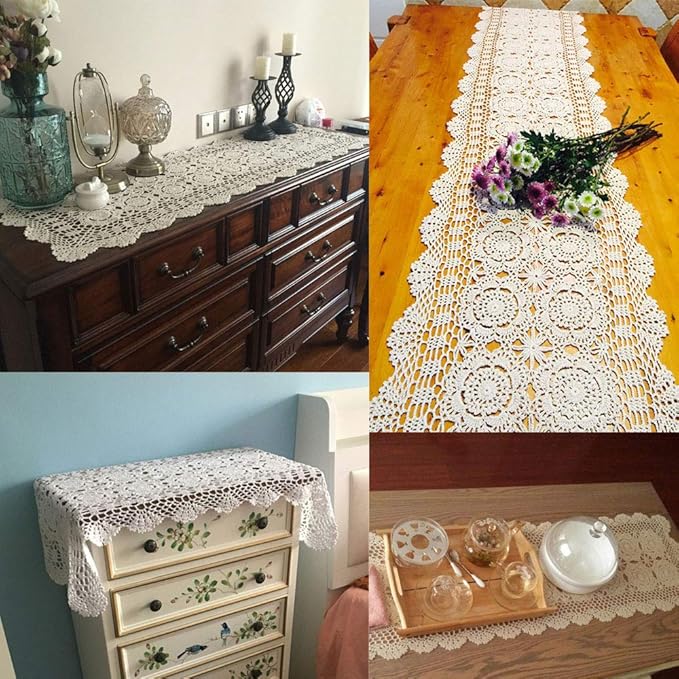 KEPSWET Cotton Handmade Crochet Lace Table Runner White Rectangle Coffee Table Dresser Decor (14x60 inch)