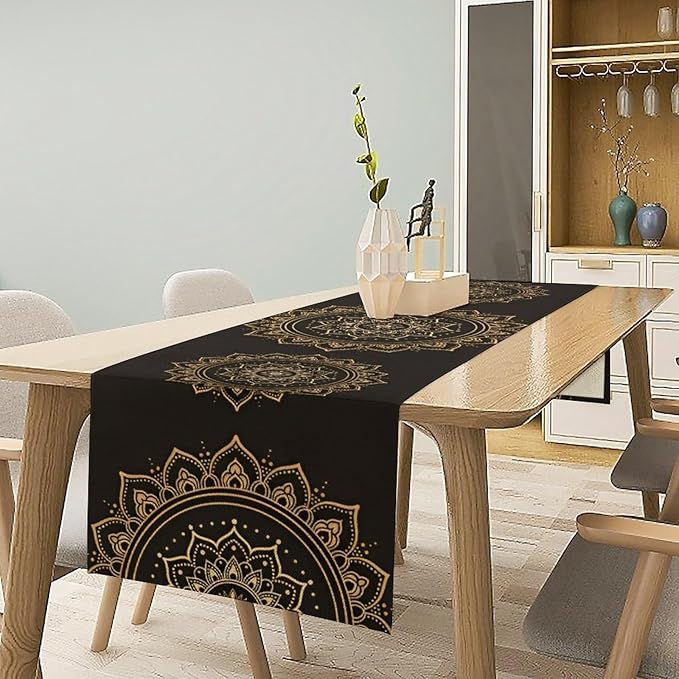 Golden Mandala Table Runner, Traditional Indian Gold Black Flower Vintage Luxury Bohemian Mandala Table Runner for Home Kitchen Dinning Table Indoor Outdoor Holiday, 13x70inch