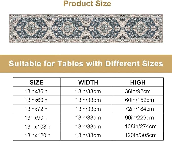 Boho Bohemia Style Table Runner, Vintage Blue Retro Flower Rustic Country Style Floral Print Pattern for Home Kitchen Table Decor Dining Coffee Room Garden Party Decor 13x90in