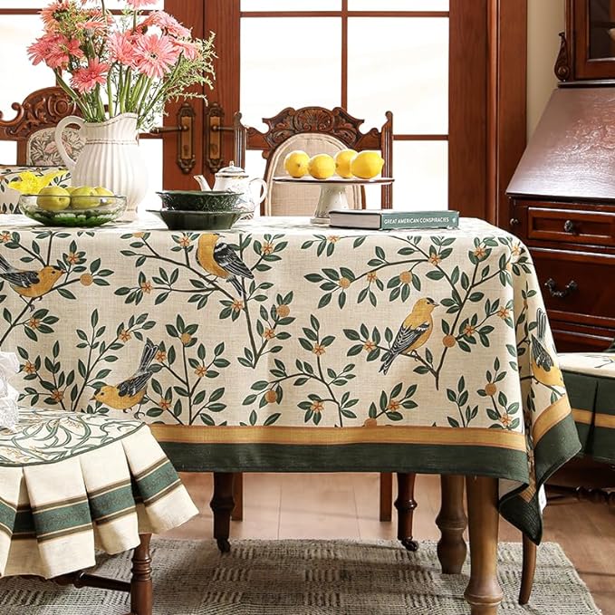 patdrea Designer French Table Cloth for Rectangle Table,Vintage Green Linen Birds and Leaves Pattern Tablecloths,Dacorative Cover Kitchen Dining,Christmas,Thanksgiving,Tea Party,63"x87"-Warbler