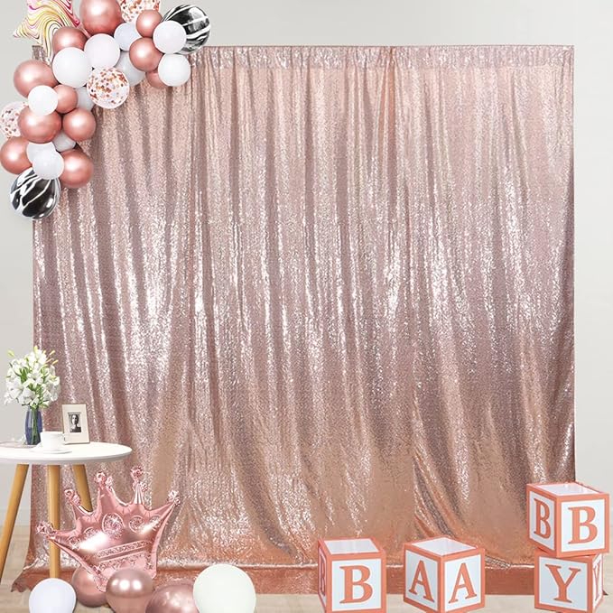SquarePie Sequin Backdrop Curtain Not See Through Thick Glitter Background for Party 8FT x 10FT Rose Gold