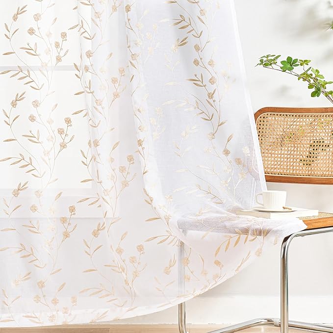 Sheer Curtains White-Beige 95 Inches, Embroidery Floral Pattern Window Treatments Rod Pocket Drapes for Living room, Bedroom, Semi Voile Curtain Panels for Patio, Villa, Parlor, Set of 2, 52"x 95".
