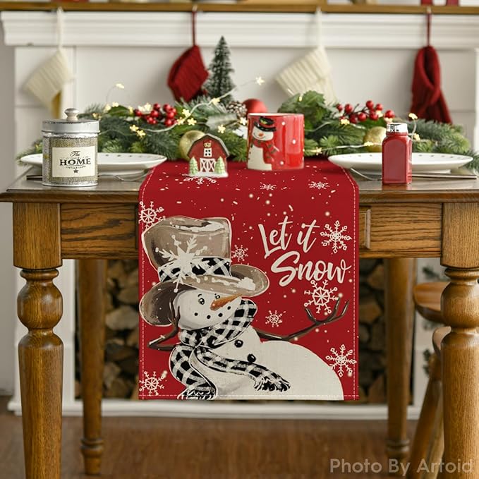 Artoid Mode Red Snowman Snowflake Let it Snow Winter Table Runner, Seasonal Christmas Kitchen Dining Table Decoration for Home Party Decor 13x36 Inch