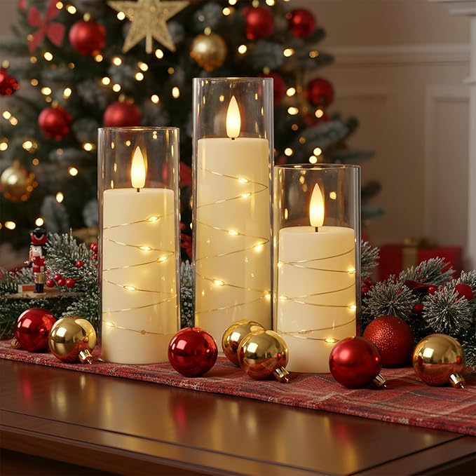 Raycare Flameless Candle with Remote Timer – 5 Flickering Acrylic Battery Operated LED Pillar Candles with Embedded Star String for Halloween, Home Decor, and as a Gift(Ivory)