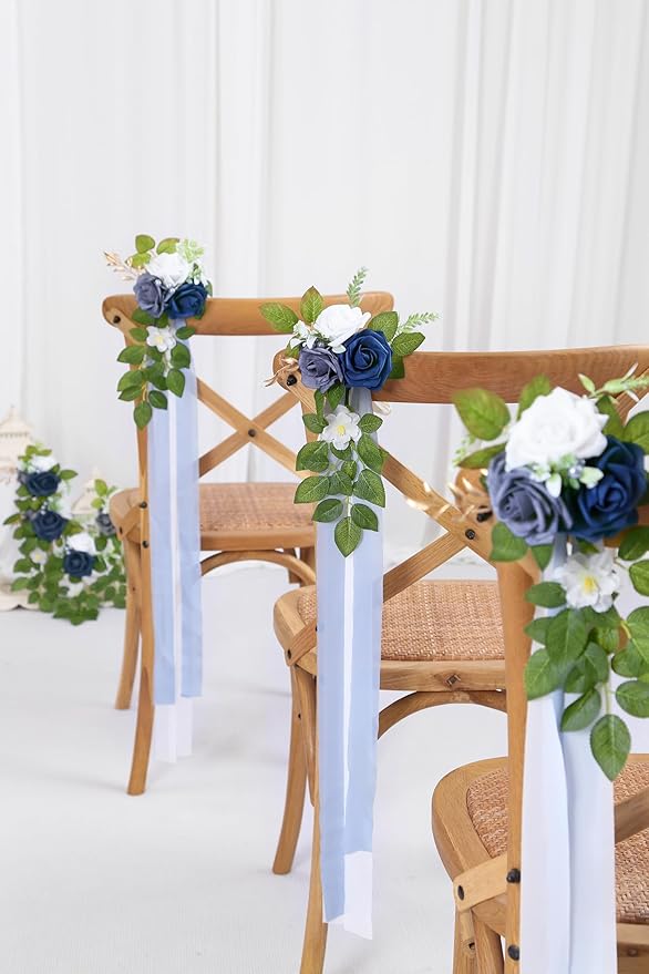 Artificial Rose Wedding Aisle Flowers, 10 Pieces, Blue with Chiffon Ribbon