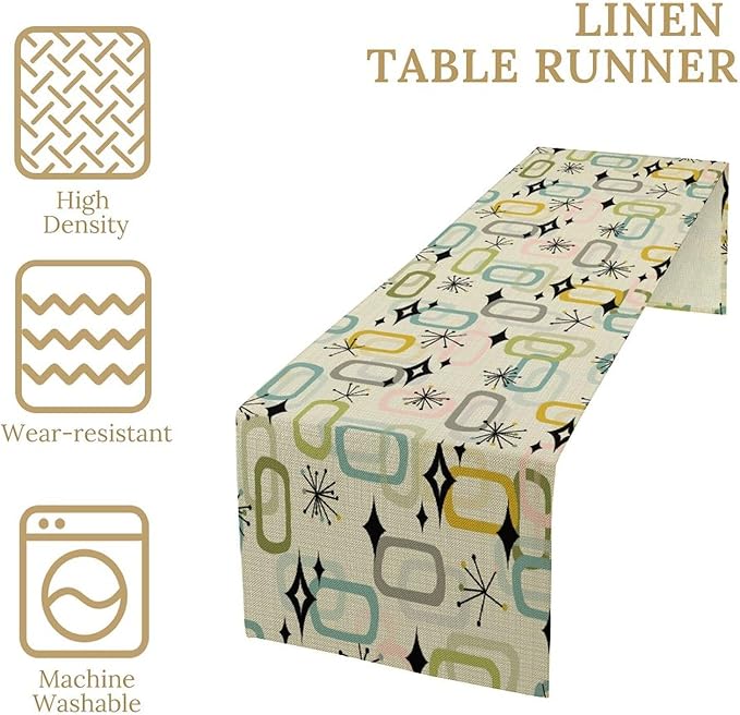 Mid Century Table Runner, Flag Retro Atomic Starburst 1950s Abstract Geometric Space Tabletop Decoration for Home Kitchen Restaurant Table Flag 13x70 Inch