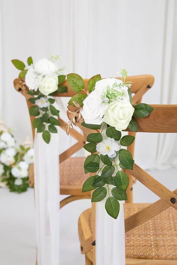 Artificial Aisle Flowers, Ivory White Rose Pew Decor, 10 Pieces