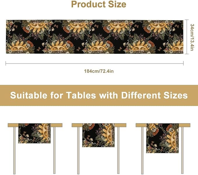 Sun Moon Table Runner, Bohomian Mushroom Daisy Table Gothic Dragonly Butterfly Table Center Decor Table Runner for Indoor Outdoor Party Kitchen Dinner Black, 13x90 Inch