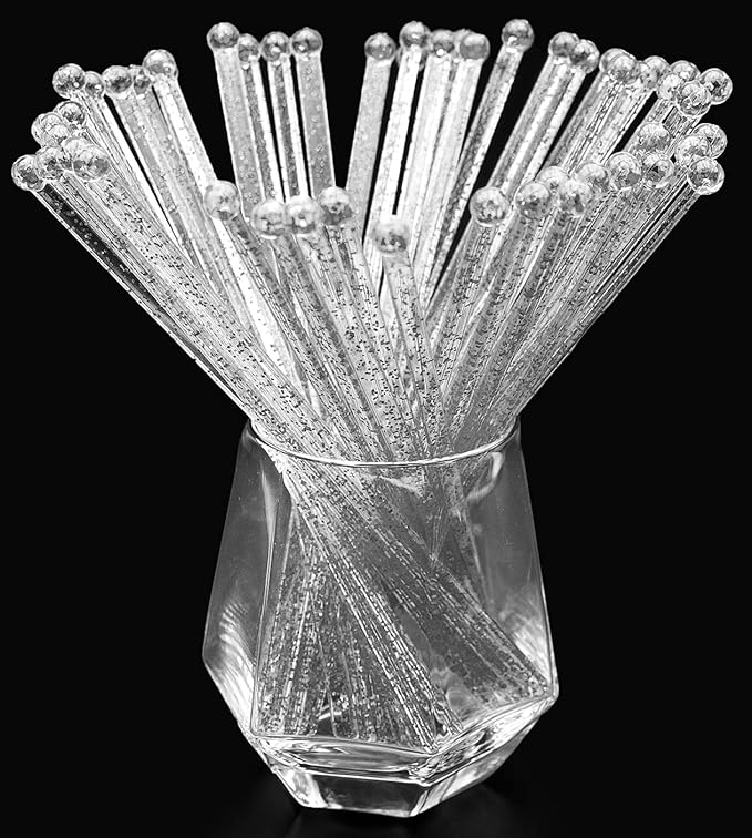 50-PCS Silver Glitter Plastic Swizzle Sticks, Crystal Cake Pops, Cocktail Coffee Drink Stirrers, Lolipop Stick, 7.24 Inch