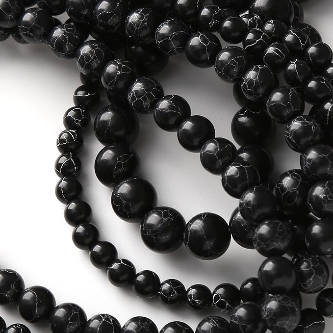 Black Turquoise Stone Beads Gemstone Round Crystal Energy Jade Beads Stone Beads for Jewelry Making DIY Bracelet Necklace Jewelry Making 1 Strand 15.5inch 31PCS 12MM