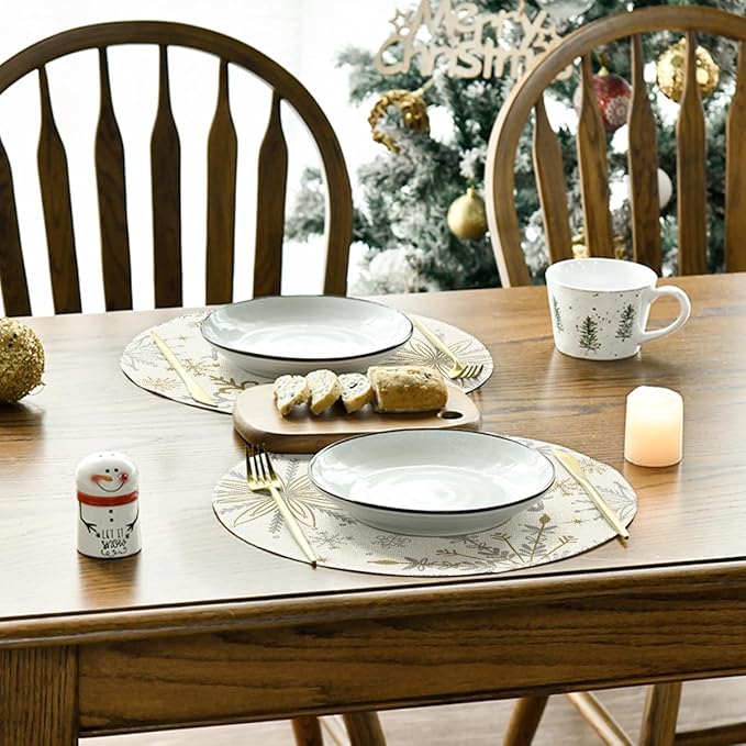 Artoid Mode Beige Snowflake Let It Snow Winter Placemats Set of 8, 14 Inch Seasonal Christmas Xmas Round Table Mats for Dining Decoration