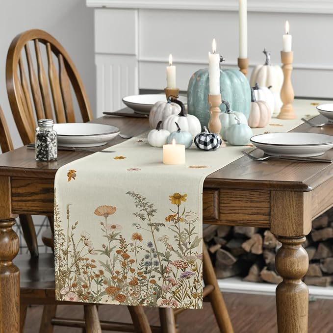 Artoid Mode Wild Flowers Grasses Floral Fall Table Runner, Seasonal Autumn Kitchen Dining Table Decoration for Home Party Decor 13x120 Inch