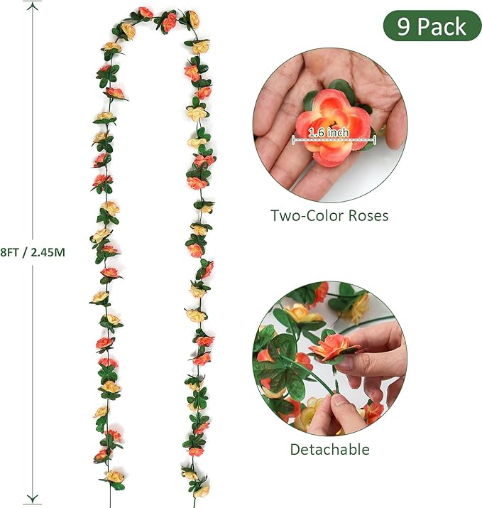 KHOYIME 9 Pack 72 FT Artificial Flower Garland, Fake Champagne Roses Vines Silk Flowers Faux Outdoor Hanging Floral Ivy Garland Decoration for Wedding Arch Bedroom Home Wall Backdrop Room Decor