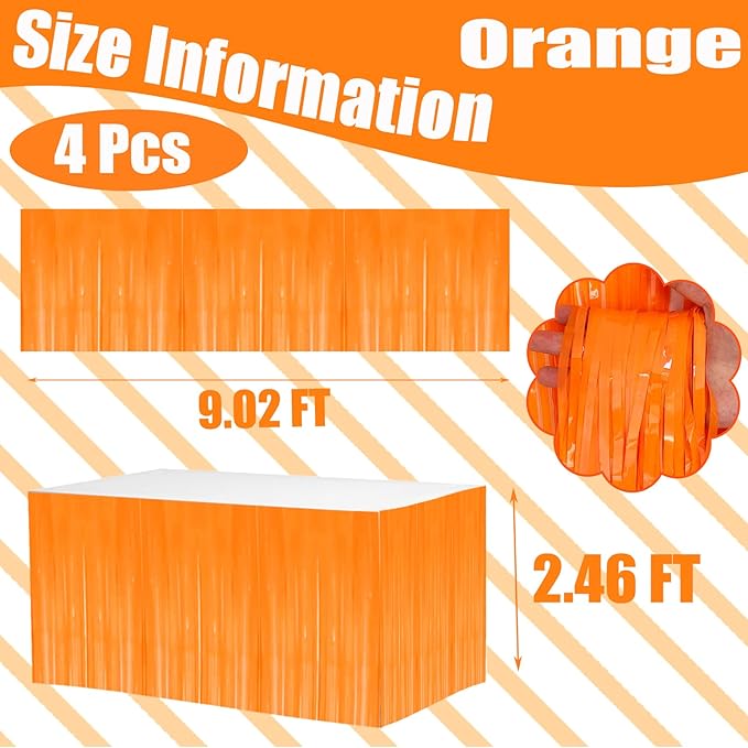 4 Pack 29x108 Inch Metallic Foil Fringe Tinsel Table Skirts for Rectangle Tables Streamer Backdrop for Wedding, Birthday, Parade Floats, Christmas, Halloween Party Decoration(New Orange)