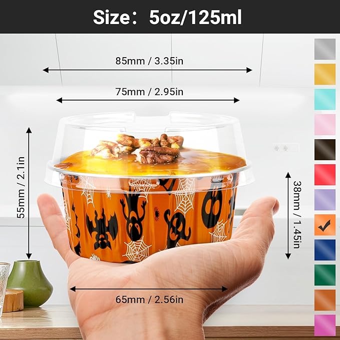 Mini Cheesecake Baking Cups, 100 Count, 5 oz, Orange and Black with Clear Lids