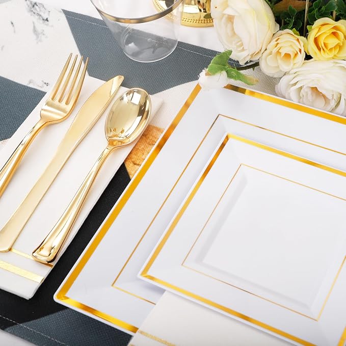 Disposable Plates Set, Square Gold, 350 Pieces for 50 Guests
