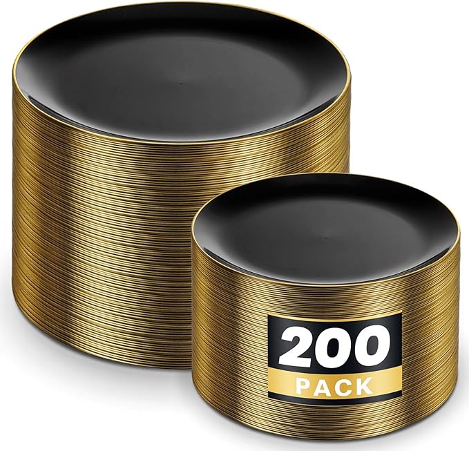 Plates in Black with Gold Trim, 200 Count Disposable Plastic Party Set