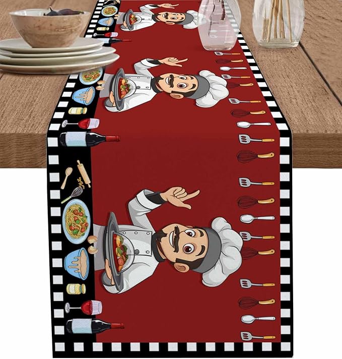 Red Chef Gourmet Cotton Linen Table Runner for Dining Kitchen, Wedding Outdoor Party Tablerunners Decoration, Black White Check Plaid Funny Kitchen Dresser Scarf Coffee Tablecloth Runners 13x60 Inches