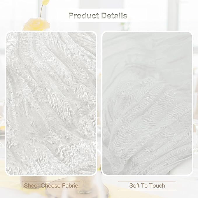 10 Pack White Cheesecloth Table Runner 35x120 Inch 10Ft Rustic Gauze Cheese Cloth Thanksgiving Table Runner Sheer Cheesecloth Table Runners for Wedding Party Bridal Shower Decoration