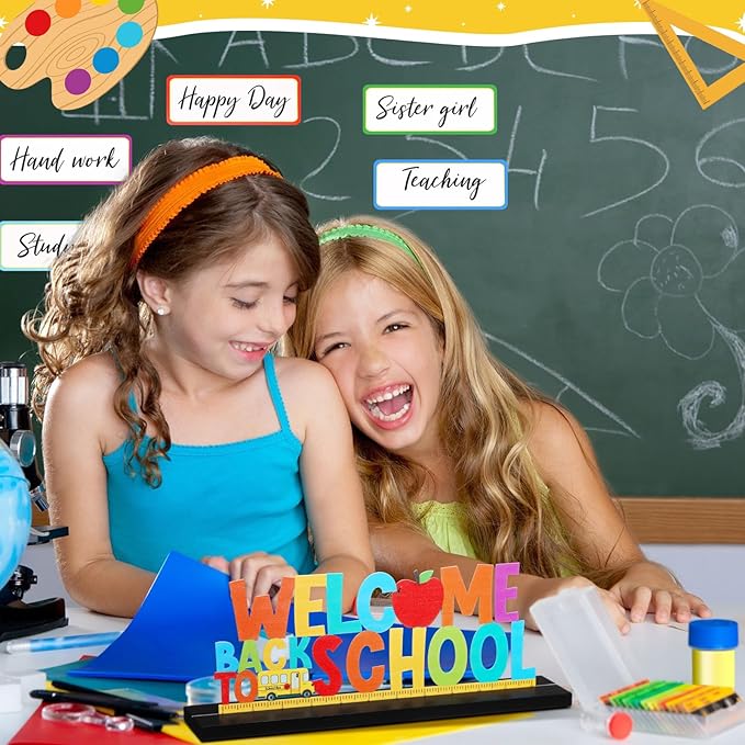 Welcome Back to School Metal Sign First Day of School Table Decor Metal Word Sign with Wooden Base for Classroom Teacher Party Favor Supplies Tiered Tray Decor Shelf Tabletop Decorations