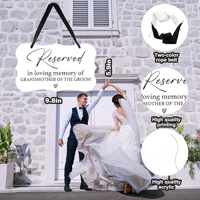 Acrylic Wedding Sign, Ring Bearer Sign, Reserved Seating Signs, for Grandmother of The Groom, Rustic Wedding Decor Signs, Acrylic Wall Art With Ribbon for Chairs Weddings Decor (White)
