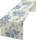 Monochrome Sketch Flowers Table Runner, Seasonal Spring Fall Plants Blue Florals Butterfly Dinner Runner for Home Kitchen Dining Table Party Holiday Decoration 13"x60"