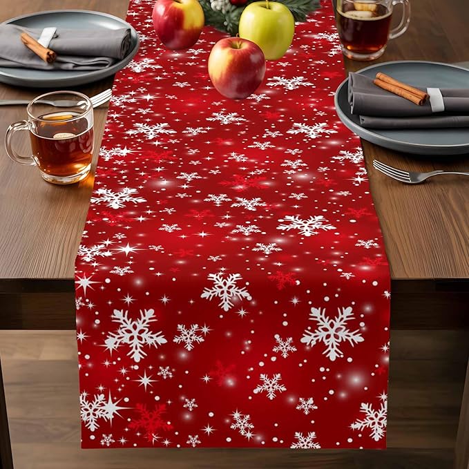 Christmas Snowflakes Cotton Linen Table Runner for Dining Kitchen, Red Xmas Winter Snow Wedding Outdoor Party Tablerunners Decoration, New Year Dresser Scarf Coffee Tablecloth Runners 13x70 Inches