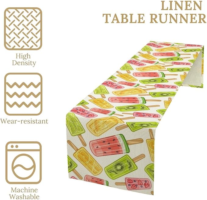 Ce Cream Table Runner, Cold Fruity Popsicles Summer Sweet Seasonal Dinner Runner for Party Holiday Home Kitchen Dining Table Decor 13"x36"