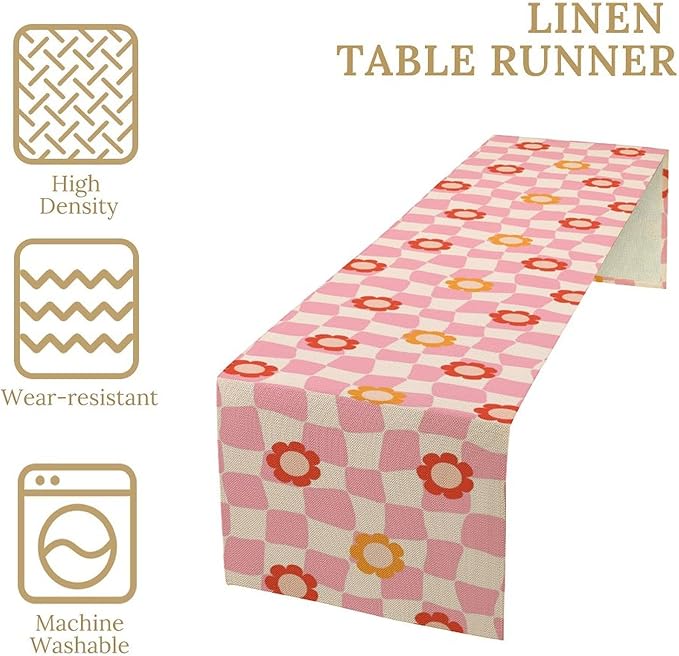 Vintage Floral Table Runner,60s Retro Color Funky Hippie Print Table Cloth Kitchen Dining Table Home Party Decoration 13x120 Inch