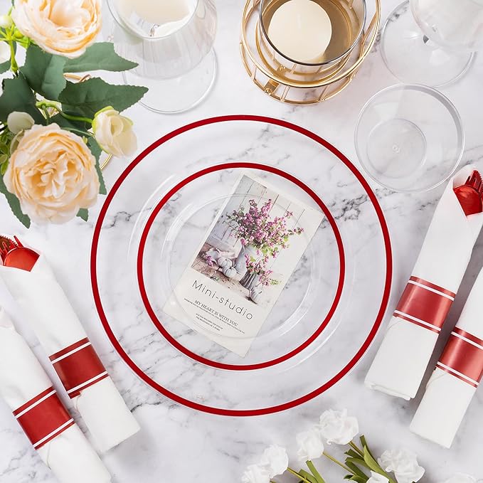 Plates Set for 50 Guests, Red Rim Plastic with Dinner and Salad Plates