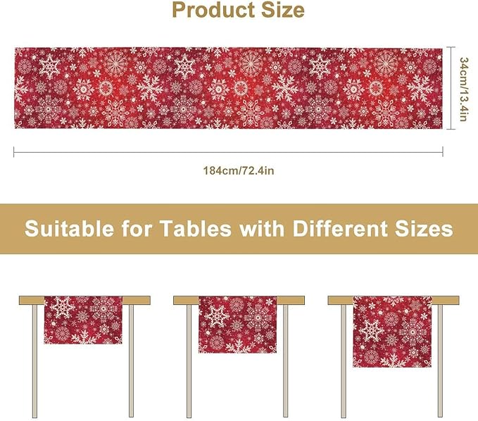 Snowflakes Christmas Table Runner, Winter Holiday Red Table Cloth Kitchen Dining Table Decoration for Home Party Decor 13x120 Inch